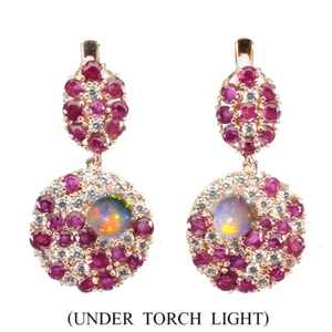 925 Sterling Silver Earrings Round Fire Opal Ruby Natural Gemstone Jewelry - Picture 1 of 10