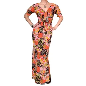 Maxi Vestido De Colección Años 60 '70 Psicodélico Floral Flower Power Corbata Frontal Día-Glo Pequeño - Imagen 1 de 3