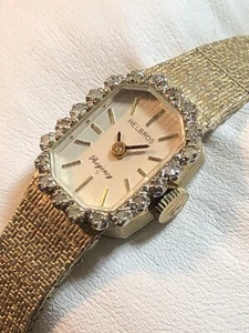Vintage Helbros Ladies Octagon Watch Gold Tone 20 Diamond Bezel New Battery - Picture 1 of 20