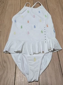 Polo Ralph Lauren Girls White With Colorful All Over Pony Swimsuit - Picture 1 of 2