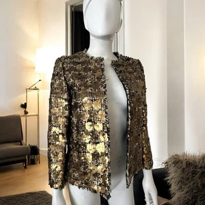 Zara Gold Sequins Metallic Boucle Tweed Blazer Jacket Open Frayed Party Glam S - Picture 1 of 19