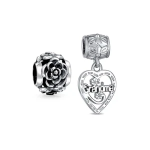 Set of 2 Heart Grandma Dangle & Flower Garden Black Rose Charm Bead Silver - Picture 1 of 5
