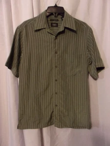 HAGGAR Luxury Microfiber Olive Green & White Striped Button Down Shirt SIZE S - Picture 1 of 4