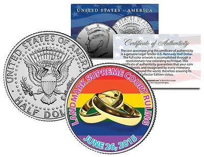 Gay Pride MARRIAGE EQUALITY 2015 JFK Half Dollar US Coin Wedding Rings - Image 1 of 2