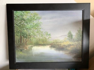 vtg o/c Signed Original Vintage Painting By Henley,soft water scene,framed 14x18 - Picture 1 of 4