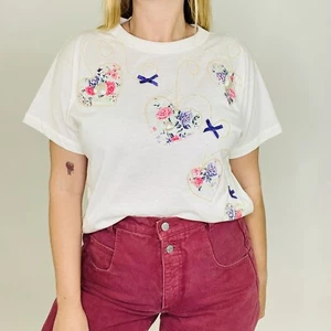Vintage 80s USA Made Kawaii Puff Paint Heart White Short Sleeve T-Shirt Small - Picture 1 of 8