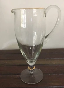 Water Juice Glass Jug Pitcher Blue & Gold Stem Gold Gilt Trim Excellent Conditn - Picture 1 of 5