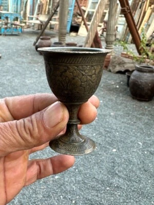 1800's Antique Old Original Brass Carved Floral Mughal Wine Cup - Image 1 of 4