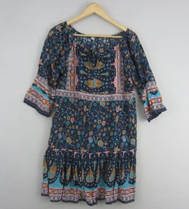 Dress Womens 12 14 Blue Pink Silk Paisley Boho Short Peasant Flowy Ladies - Picture 1 of 17