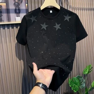 T-Shirt Uomo Lusso Stelle Diamanti Strass Moda Nera Nuova Alta Qualità - Foto 1 di 7