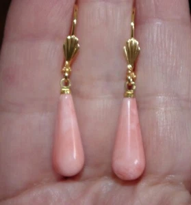 14K GF Angel Skin Pink Carved Molded Coral Lever back Tear drop Earrings - Picture 1 of 15