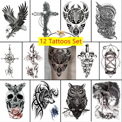 Juego de 12 hojas impermeables pegatinas tatuajes temporales águila lobo brazo y arte corporal Foto 1 de 4