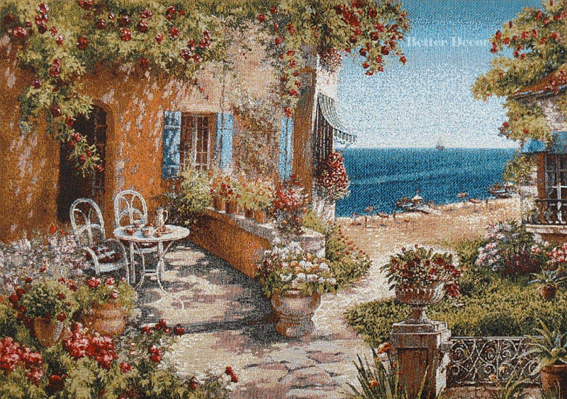 WALL JACQUARD WOVEN TAPESTRY Seashore View -Riviera MEDITERRANEAN FLORAL PICTURE - Image 1 of 1