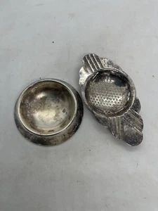 Silver Tea Strainer And Tea Rest Vintage Not Stamped Needs Polish - Picture 1 of 3