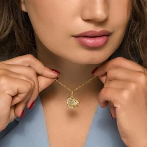 18k Gold plated & tarnish free Sun Moon Necklace, Gold Sun Necklace, Sunburst - Picture 1 of 2