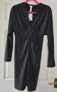 H&M Black Glitter Long Dolman Sleeve Short Dress Soze M - Picture 1 of 4