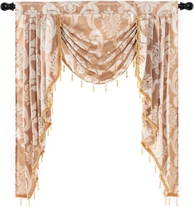 Mantovana a Cascata Beige per Soggiorno, Tende Da Cucina in Jacquard Con Mantova - Foto 1 di 12