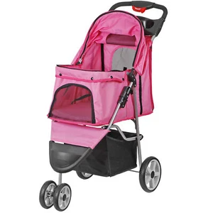 3-Wheel Foldable Pet Stroller Dog Cat Stroller Cart w/ Pads & Cup Holder Pink - Picture 1 of 11