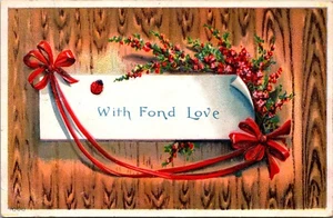 With Fond Love flowers bows Embossed Postcard micah glitter - Picture 1 of 2