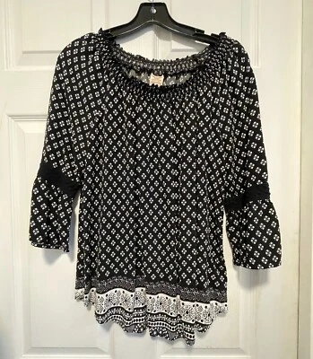 FADED GLORY top shirt blouse L 10 Bust 40 Length 25 Black/White Dot Modern - Image 1 of 3