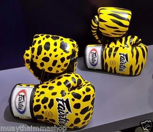 GENUINE FAIRTEX FANCY BOXING GLOVES YELLOW COLOR WITH Leopard/TIGER DESIGN - Picture 1 of 5