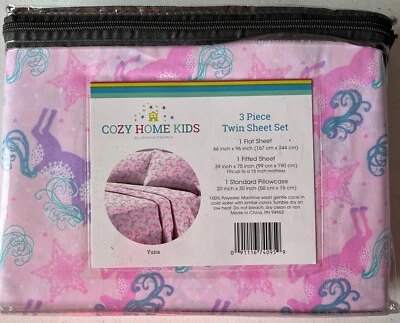 NUEVO Juego de sábanas suaves de 3 piezas de unicornios rosa púrpura para niños tamaño doble funda de almohada Foto 1 de 2