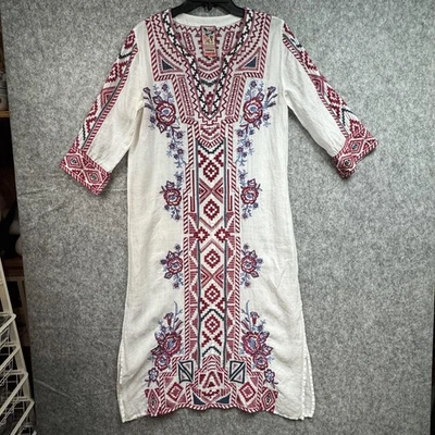 Vestido de taller Johnny Was 3J para mujer pequeño blanco rojo azul bordado túnica boho Foto 1 de 4