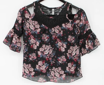 Camisa Beautees Niñas XL Negra Floral Encaje Hombro Frío Manga Campana Gasa Foto 1 de 4