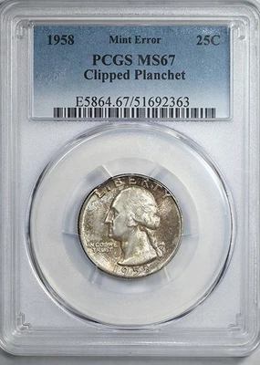 1958 Washington Quarter 25C PCGS MS67 - Mint Error Clipped Planchet - Image 1 of 4