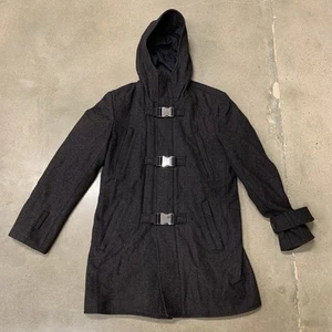 I.N.C. INC Macys Mens Black Wool Pea Coat Jacket Buckles Size S Small Hood Read - Picture 1 of 7
