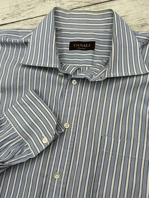 Camisa de Vestir CANALI 43 17 Blanco Azul Rayas Botón Lujo Diseñador Italia Foto 1 de 4