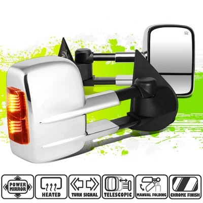 Chrome Powered Heated Amber LED Signal Towing Mirrors for Silverado Sierra 14-20 - Imagem 1 de 4