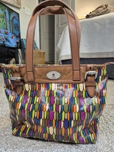 Fossil Key-Per Shoulder Tote Purse ZB5126 Cow Hide Trim Colorful Feather Design - Picture 1 of 17