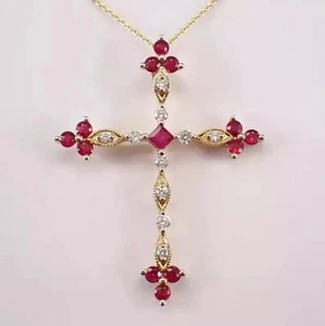 1.60 Ct Round Cut Lab Created Red Ruby Cross Pendant 14K Yellow Gold Plated - Picture 1 of 6