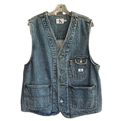 Vintage 90s Calvin Klein CK Denim Vest Unisex Size XL Medium Wash Metal Buttons - Image 1 of 4