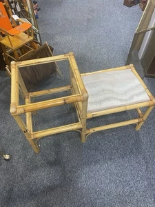 Vintage mid century bamboo wicker rattan telephone seat Table glass shelves boho - Picture 1 of 5
