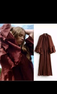 H&M Flounced Maxi Dress Dark Red Brown Black Tie neck Oversized BNWT abaya Aab - Picture 1 of 6