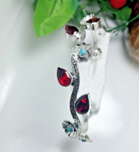 925 Sterling Silver Garnet&Larimar  Gemstone Handmade Jewelry Bracelet