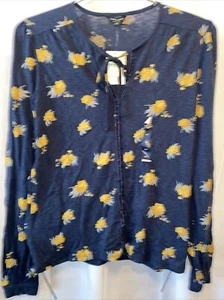 LUCKY BRAND XS NWT Women's Navy Floral Velvet-trim Peasant Blouse Shirt Top - Picture 1 of 10