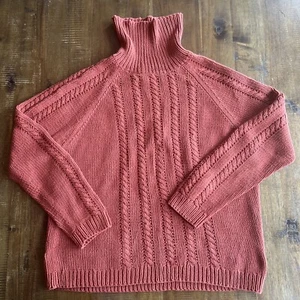 Orvis Sweater Women Medium Orange cable Knit Turtleneck Fishermen Y2K Chunky - Picture 1 of 10