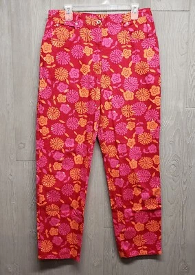 Casual Corner Pants Womens 12 Chino Red Floral Pink Orange Tapered Leg High Rise - Image 1 of 4