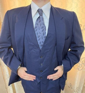 1960s vintage handtailored bespoke classic all worsted 3 piece navy suit 46R - Picture 1 of 19