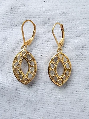 Natural Polki Diamond Marquise Shape Gold Tone Earrings 925 Sterling Silver - Image 1 of 3