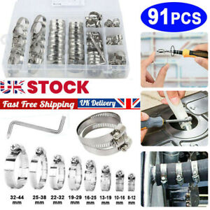 91Pcs Assorted Stainless Steel Hose Clamp Set With No Driver Jubilee Clip Kit UK