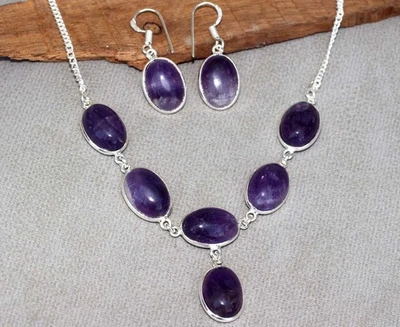 Juego de aretes collar amatista natural enchapados en plata 925 talla 18|1,3" GW Foto 1 de 3