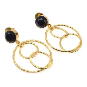 Pendientes Círculos Espinela Negra Artesanales Chapados en Oro Moda Pendiente 2" d310 - Imagen 1 de 5