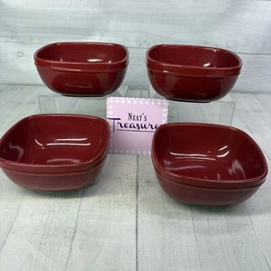 Home Trends CANOPY RED Cranberry Emboss Square Porcelain Soup Cereal Bowls Set 4 - Picture 1 of 16