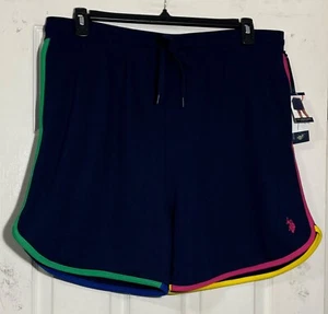 New Women's U.S. Polo Assn sport shorts 2X Blue multicolor piping side pockets - Picture 1 of 3