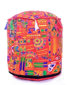 Indian Patchwork Red Pouf Cover Bean Bag Ottoman Ethnic Round Foot Stool Cover - Picture 1 of 3