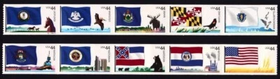 FLAGS OF OUR NATION 2009 SCOTT #4293-4304 SET 3 MVF 44c US 10 STAMP PN# STRIP - Image 1 of 2